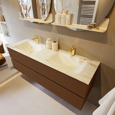 MONDIAZ VICA-DLUX Ensemble meuble de salle de bains - 150cm - meuble bas Rust - 4 tiroirs - lavabo encastré Cloud double - 2 trous de robinet - version hauteur 60cm - Frappe