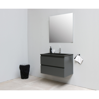 Basic Bella Meuble salle de bains avec lavabo acrylique avec miroir Noir 80x55x46cm 1 trou de robinet Anthracite mat