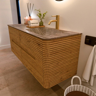 Mondiaz CIRO-DLUX Ensemble de meubles de salle de bains - 130x45x50cm - Plan-vasque Solid Surface Oza - 1 lavabo à droite - 1 trou de robinet - 4 tiroirs - Chêne