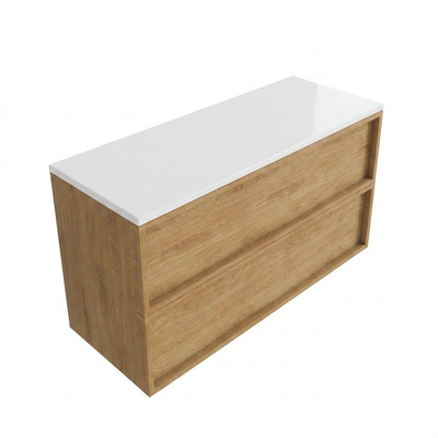 Saniclass Holz Frame Ensemble de meubles de salle de bains - 120x45x62.5cm - Plan de toilette Torino en solid surface blanc - sans trou de robinetterie - 2 tiroirs - chêne natural mat (bois)