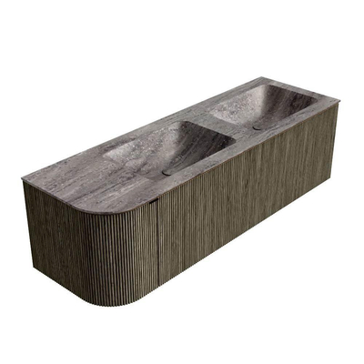 MONDIAZ KURVE-DLUX 145cm meuble de salle de bains avec arrondi à gauche couleur Shadow avec 1 tiroir et 1 porte. Lavabo LEAF Double / Droite sans trou de robinet Oza.