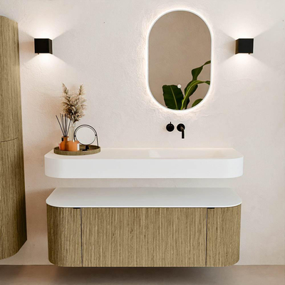 MONDIAZ THOR 130cm meuble de salle de bains arrondi gauche + droite couleur Dusk avec 1 tiroir et 2 portes. Vasque suspendue CLOUD droite sans trou de robinet couleur Talc.