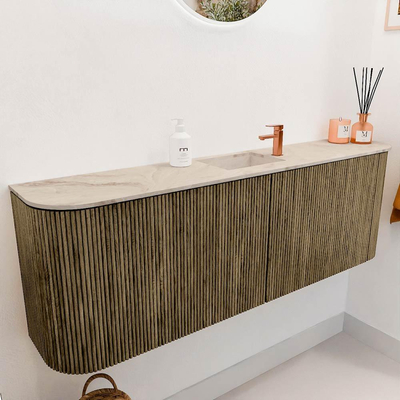 Mondiaz JOYA-DLUX Meuble de salle de bains 123,2cm - arrondis gauche et droite couleur Dusk - Vasque FAYE position Milieu 1 trou de robinet couleur Frappe.