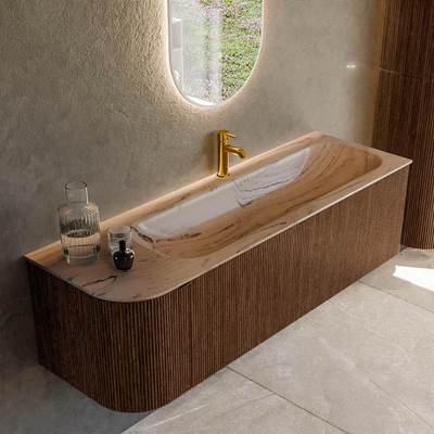 MONDIAZ KURVE-DLUX 145cm badmeubel ronding Links kleur Walnut met 1 lade en 1 deur. Wastafel BIG LARGE Rechts 1 kraangat Arena.