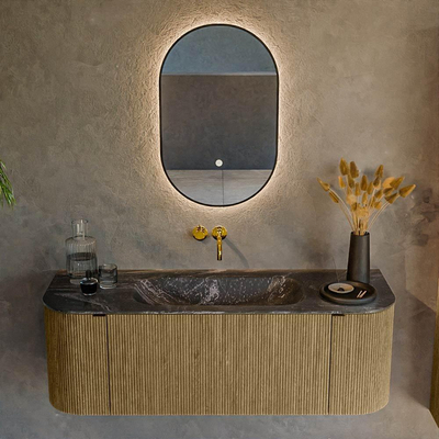 Ensemble de meuble de salle de bain Mondiaz KURVE-DLUX - 130x46x40cm - 1 tiroir - 2 portes - lavabo en solid surface - milieu - sans trou de robinet - Dusk