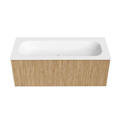 MONDIAZ KURVE Meuble de salle de bains 110cm couleur Oak avec 1 tiroir. Lavabo BIG MEDIUM centré 1 trou de robinet Talc.