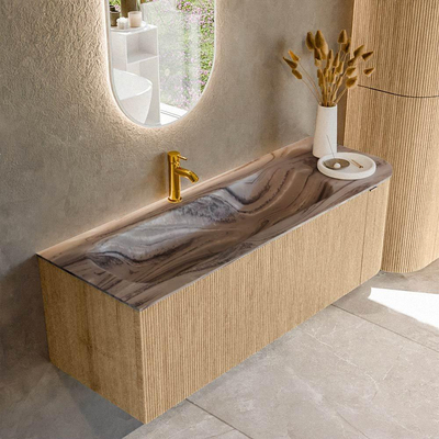 MONDIAZ KURVE-DLUX 135cm badmeubel ronding Rechts kleur Oak met 1 lade en 1 deur. Wastafel BIG MEDIUM Links 1 kraangat Sombra.
