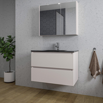 Saniclass Chaci Ensemble meuble de salle de bains - 80x46x55cm - lavabo céramique noir - 1 vasque - 1 trou de robinet - 2 tiroirs - armoire de toilette - cotton mat (beige)