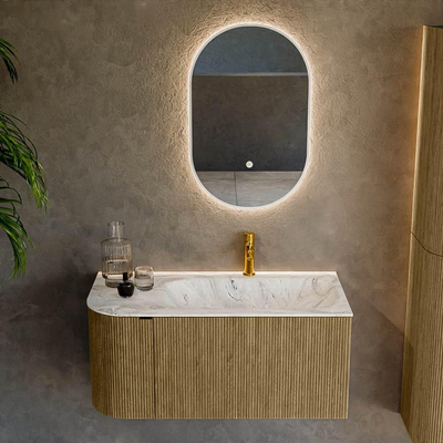 Mondiaz KURVE-DLUX Ensemble de meuble de salle de bains - 95x46x40cm - 1 tiroir - 1 porte - lavabo solid surface - droite - 1 trou de robinet - Dusk