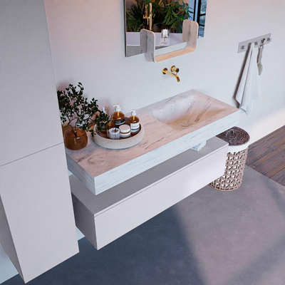 Mondiaz ALAN-DLUX Ensemble de meuble - 120cm - meuble Cale mat - 1 tiroir - Lavabo Cloud Opalo suspendu - vasque Droite - 0 trous de robinet