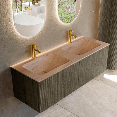 MONDIAZ KURVE-DLUX Meuble de salle de bains 130cm couleur Shadow avec 2 tiroirs et 0 portes. Lavabo LEAF Double 2 trous de robinet Saba.