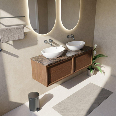 Saniclass Holz Frame Ensemble de meubles de salle de bains - 140x45x43cm - Plan de travail en pierre naturelle Noche dark emperador - sans trou de robinet - 2 tiroirs - walnut pure mat (bois)