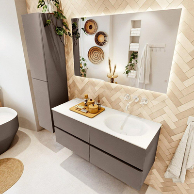 Mondiaz VICA ensemble de meuble de salle de bain - 120cm - meuble sous-vasque fumée - 4 tiroirs - lavabo lune droite - sans trous de robinet - couleur talc - miroir LED - version XL 60cm de haut