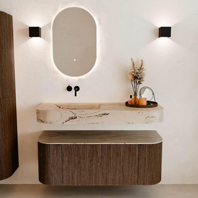 MONDIAZ THOR-DLUX 120cm badmeubel ronding links + rechts kleur Walnut met 1 lade en 2 deuren. Vrijhangende wastafel CLOUD Links zonder kraangat kleur Arena.