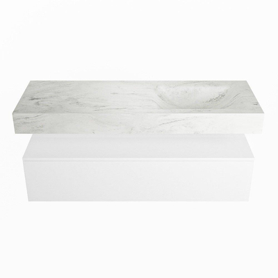Mondiaz ALAN-DLUX Ensemble de meuble - 130cm - meuble Talc mat - 1 tiroir - Lavabo Cloud Opalo suspendu - vasque Droite - 0 trous de robinet
