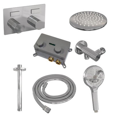 BRAUER Chrome Carving Douche de tête thermostatique encastrée - boutons-poussoirs - SET 59 - douche de tête 20 cm - bras de plafond - douchette 3 jets - flexible de douche - coude de raccordement mural - chromé