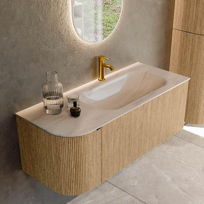 MONDIAZ KURVE-DLUX 115cm badmeubel ronding Links kleur Oak met 1 lade en 1 deur. Wastafel BIG SMALL Rechts 1 kraangat Meli.