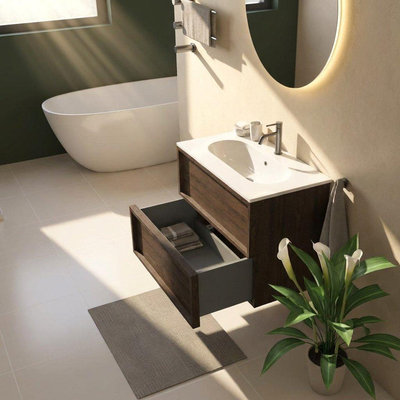 Saniclass Holz Frame Ensemble meuble de salle de bains - 80x45x73.9cm - Lavabo en céramique Chaci blanc - 1 vasque - 1 trou de robinetterie - 2 tiroirs - chêne charcoal mat (bois)