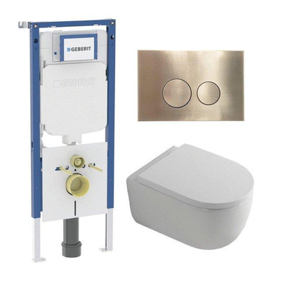 QeramiQ Dely Swirl Pack WC - 36.3x51.7cm - à fond creux - sans bride - réservoir encastré Geberit UP720 Duofix Sigma - assise 35mm - plaque de déclenchement en laiton brossé - boutons ronds - blanc mat