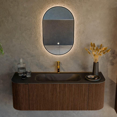 MONDIAZ KURVE 130cm badmeubel met module 25 Len R kleur Walnut met 1 lade en 2 deuren. Wastafel BIG SMALL midden 1 kraangat Urban.