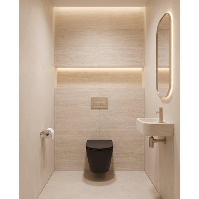 QeramiQ Dely Pack WC suspendu - 36.3x51.7cm - sans bride - bâti-support Geberit UP320 - abattant softclose - plaque de commande taupe - boutons rectangulaires - noir mat
