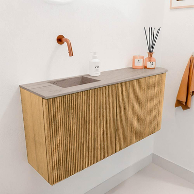 Mondiaz JOYA-DLUX 91.6cm toiletmeubel - ronding rechts kleur Oak - Wastafel FAYE positie Links Zonder kraangat kleur Saba.