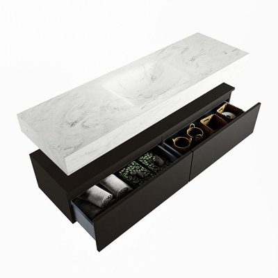 Mondiaz ALAN-DLUX Ensemble de meuble - 150cm - meuble Urban mat - 2 tiroirs - Lavabo Cloud Opalo suspendu - vasque Centre - 1 trou de robinet