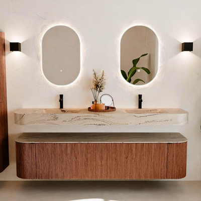 MONDIAZ THOR-DLUX 190cm meuble de salle de bains arrondi gauche + droite couleur Ruby avec 2 tiroirs et 2 portes. Vasque suspendue CLOUD Double 2 trous de robinet couleur Arena.