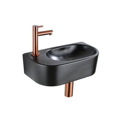 QeramiQ Fuente Ensemble de lavabo - 40x21.5x12cm - gauche - lisse - demi-rond - 1 trou de robinet - céramique - robinet de lavabo en cuivre brossé - bonde - siphon abaissé - noir mat