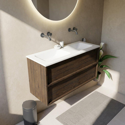 Saniclass Holz Frame Badkamermeubelset - 120x45x77.5cm - Torino solid surface wastafel wit - zonder kraangat - 2 lades - mat eiken charcoal (hout)