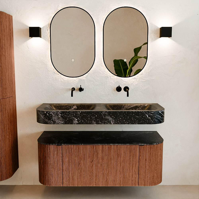 MONDIAZ THOR-DLUX 120cm meuble de salle de bains arrondi gauche + droite couleur Ruby avec 1 tiroir et 2 portes. Vasque suspendue CLOUD Double sans trou de robinet couleur Lava.