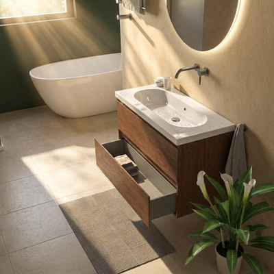 Saniclass Holz Pure Ensemble de meuble de salle de bains - 100x45x63.5cm - lavabo en céramique Palermo blanc - 1 vasque - sans trou de robinet - 2 tiroirs - walnut pure mat (bois)