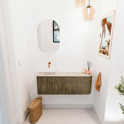 Mondiaz JOYA-DLUX 111.6cm toiletmeubel - ronding rechts kleur Dusk - Wastafel FAYE positie Links Zonder kraangat kleur Frappe.