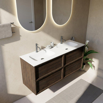 Saniclass Holz Frame Ensemble de meubles de salle de bains - 140x45x61.5cm - Flow lavabo en solid surface blanc - 2 vasques - 2 trous de robinetterie - 4 tiroirs - chêne charcoal mat (bois)
