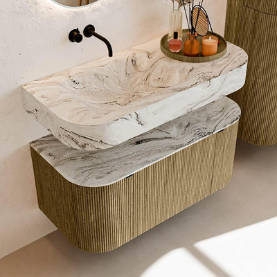 MONDIAZ THOR-DLUX 100cm meuble de salle de bains arrondi gauche + droite couleur Dusk avec 1 tiroir et 2 portes. Vasque suspendue CLOUD Gauche sans trou de robinet couleur Glace.