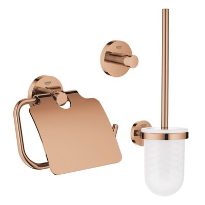 GROHE Essentials Ensemble d’accessoires pour toilettes 3 pièces avec porte-balai de toilettes, patère porte-serviette et porte-rouleau de papier toilette avec couvercle warm sunset