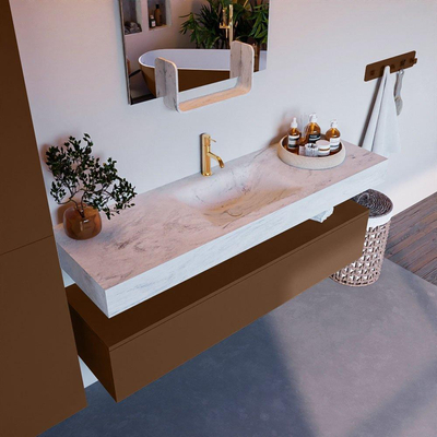 Mondiaz ALAN-DLUX Ensemble de meuble - 150cm - meuble Rust mat - 1 tiroir - Lavabo Cloud Opalo suspendu - vasque Centre - 1 trou de robinet