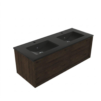 Saniclass Holz Frame Ensemble meuble de salle de bains - 120x45x42cm - lavabo Vygo en céramique noir - 2 vasques - 2 trous de robinetterie - 1 tiroir - chêne charcoal mat (bois)