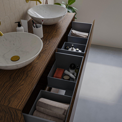 Saniclass Holz Pure Meuble de salle de bain - 140x45x60cm - lavabo en céramique blanc - 2 vasques - 2 trous de robinet - 4 tiroirs - Walnut pure