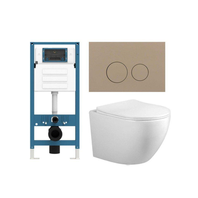 FugaFlow Eccelente Press Toiletset - 48.5x36x32cm - diepspoel - spoelrandloos - inbouwreservoir - softclose - quickrelease - toiletzitting - taupe kunststof bedieningsplaat - ronde knoppen - wit