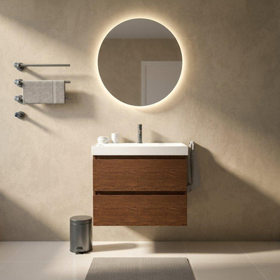 Saniclass Holz Pure Ensemble meuble de salle de bains - 80x45x67.5cm - Lavabo en céramique Wave - 1 vasque - 1 trou de robinetterie - 2 tiroirs - walnut pure mat (bois)