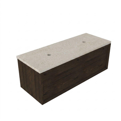 Saniclass Holz Frame Ensemble meuble de salle de bains - 120x45x43cm - Plan de travail en pierre naturelle travertin - sans trou de robinet - 1 tiroir - chêne charcoal mat (bois)
