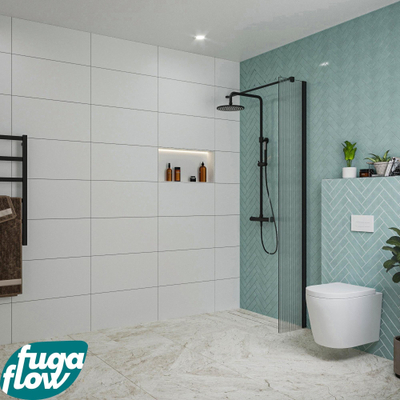FugaFlow Eccelente Vetro inloopdouche badkamer - 30x200cm - ribbelglas - wandarm - mat zwart