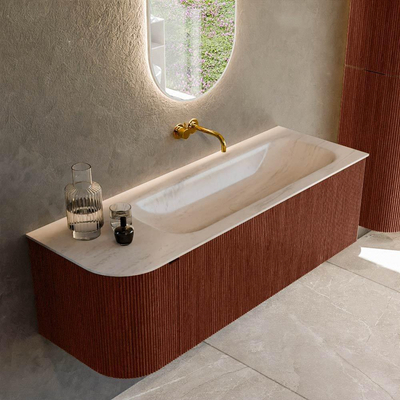 MONDIAZ KURVE-DLUX 135cm badmeubel ronding Links kleur Ruby met 1 lade en 1 deur. Wastafel BIG MEDIUM Rechts zonder kraangat Meli.
