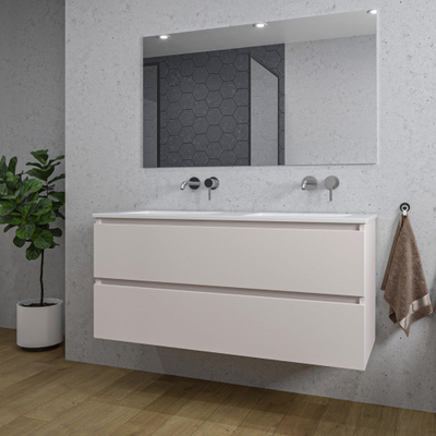 Saniclass Chaci Badkamermeubelset - 120x46x55cm - keramische wastafel wit - 2 wasbakken - zonder kraangaten - 2 lades - rechthoekige spiegel - mat cotton (beige)