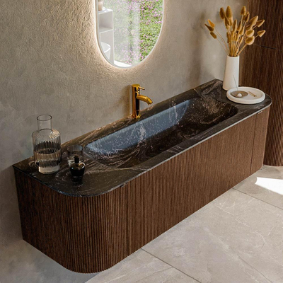 MONDIAZ KURVE-DLUX 150cm badmeubel met module 25 Len R kleur Walnut met 1 lade en 2 deuren. Wastafel BIG MEDIUM midden 1 kraangat kleur Lava.