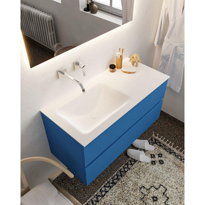 Mondiaz VICA ensemble de meuble de salle de bain - 100cm - meuble sous-vasque jeans - 2 tiroirs - lavabo cloud gauche - sans trou de robinet - miroir LED - version XL 60cm de haut