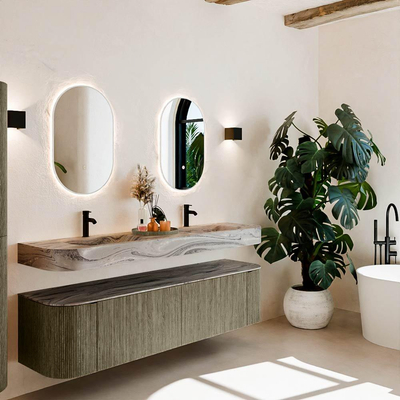 MONDIAZ THOR-DLUX 180cm meuble de salle de bains arrondi gauche + droite couleur Shadow avec 2 tiroirs et 2 portes. Vasque suspendue CLOUD Double 2 trous de robinet couleur Sombra.