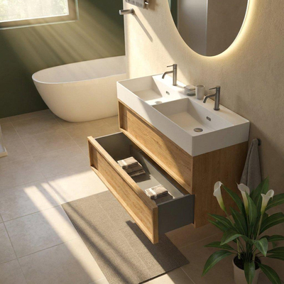 Saniclass Holz Frame Ensemble meuble de salle de bains - 120x45x72cm - lavabo Legend en céramique blanc mat - 2 vasques - 2 trous de robinetterie - 2 tiroirs - chêne natural mat (bois)