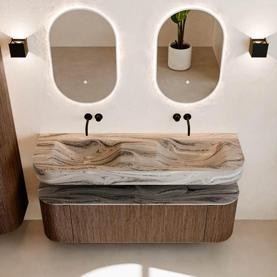 MONDIAZ THOR-DLUX 150cm meuble de salle de bains arrondi gauche + droite couleur Walnut avec 1 tiroir et 2 portes. Vasque suspendue CLOUD Double sans trou de robinet couleur Sombra.